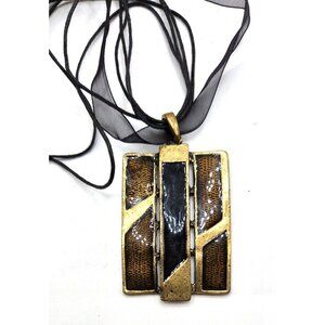 Brass Colored Square Pendant With Black Enameled Accent On RIbbon - Necklace